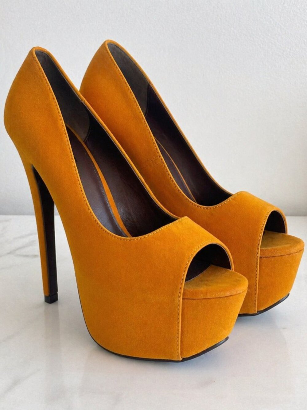 Qupid Mustard Platform High Heels Peep Toe Stiletto Pumps Women’s